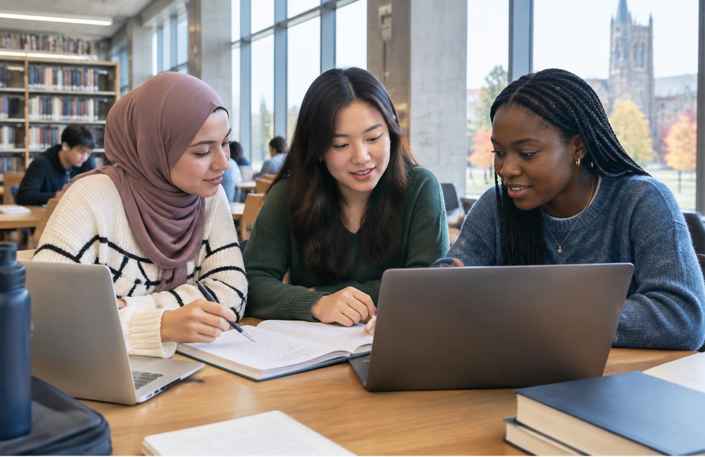 Illustrative image of international students studying together in a Canadian library