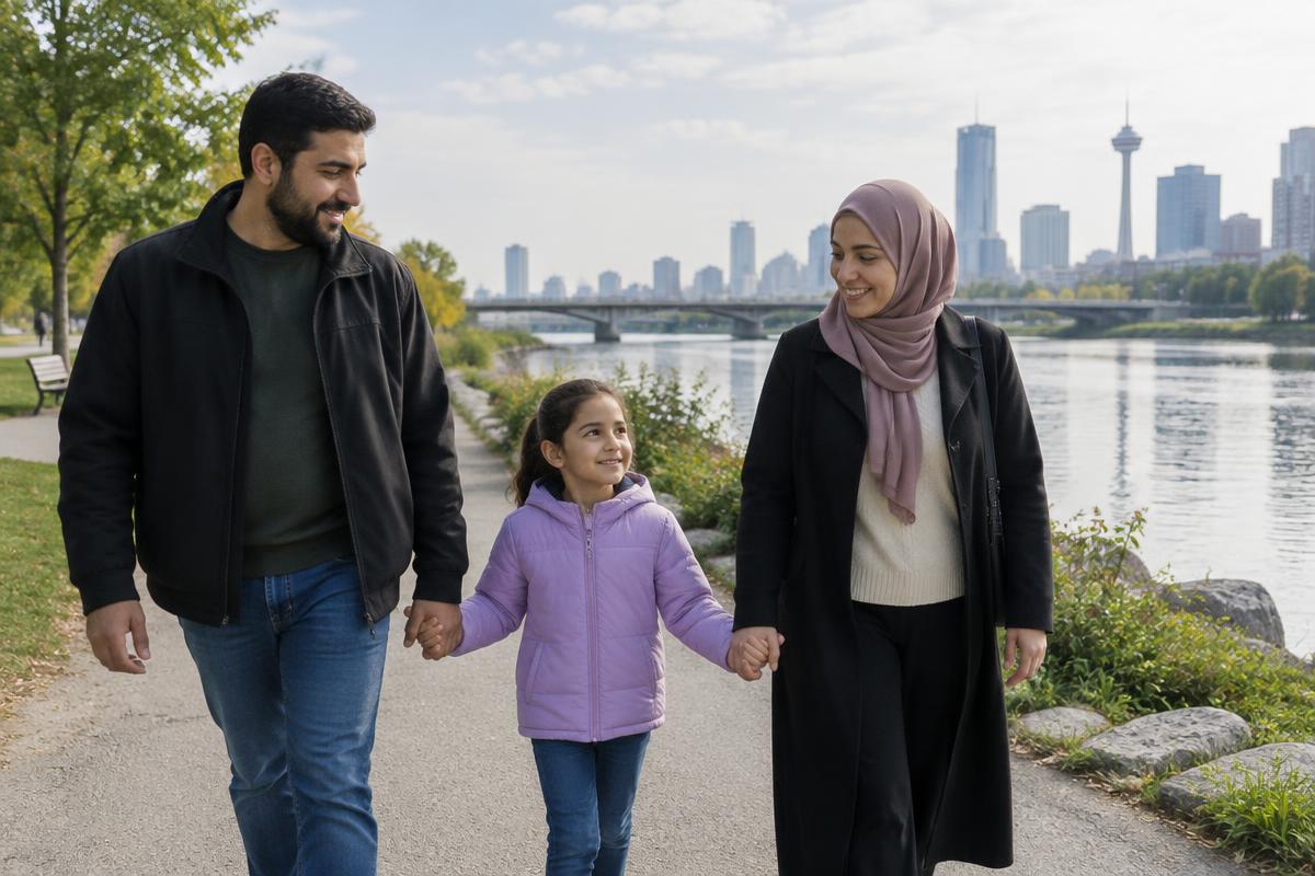 Illustrative image of a family walking together by a Canadian riverside