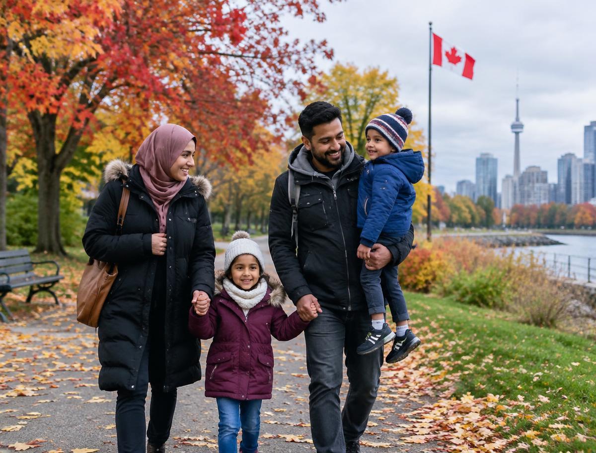 A newcomer family walking through a Canadian park in autumn with the flag and skyline behind them